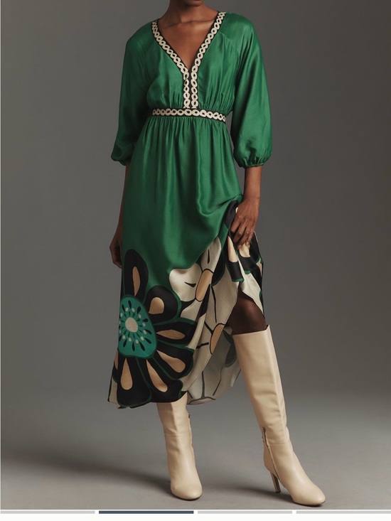 FARM Rio Dresses & Skirts - Farm Rio Long Sleeve V-neck Green Floral Maxi Dress with Cream Trim